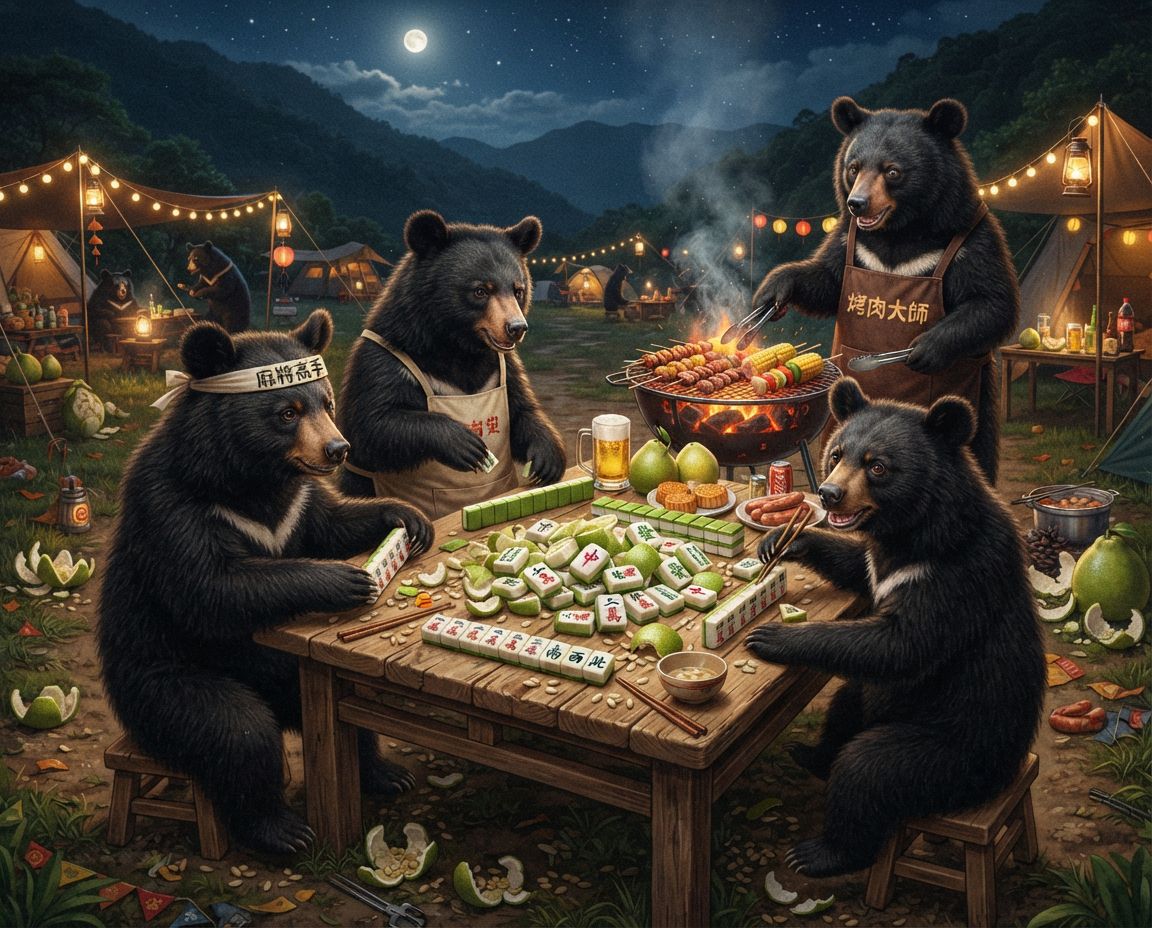 台灣黑熊麻將激戰自摸發財,麻將戰局自摸九條,戴老花眼鏡認真打麻將,台灣熊愛打麻將,台灣黑熊打麻將,碰牌胡牌大三元,台灣黑熊圍觀湊一桌,聽牌摸牌洗牌打麻將,台灣黑熊中秋熊掌碰碰胡